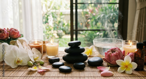 Peaceful spa setup with candles, stones, flowers, and aromatherapy oil