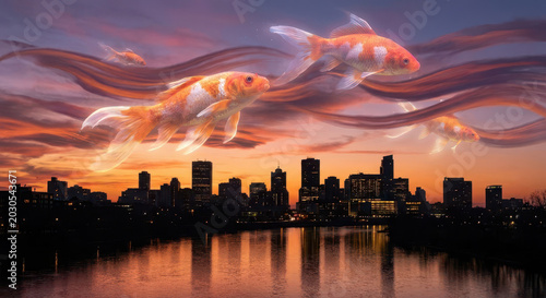 Golden carp swimming in a city skyline at dusk