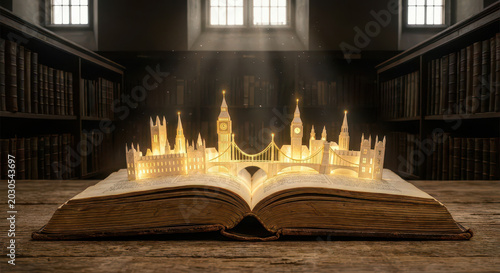 Open book with illuminated miniatures of cityscape inside library