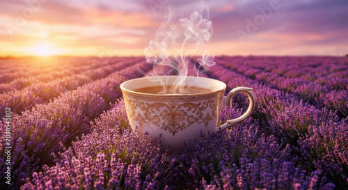 Tea cup with steam rising in a lavender field at sunset