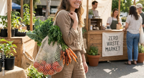 Woman carrying fresh produce at a zero-waste market