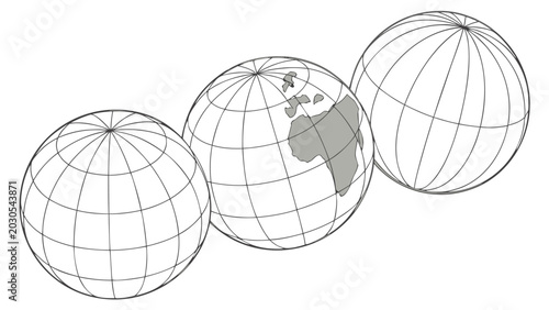Vector illustration of three interconnected globes showing world map with geography international connection