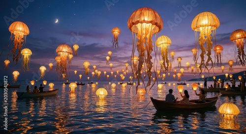 Couple Riding in Boat Under Glowing Jellyfish Lanterns at Dusk