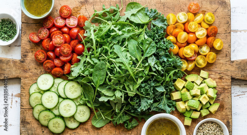 Fresh Vegetables and Herbs on Rustic Wooden Board
