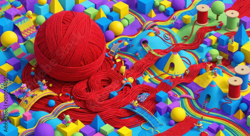 Playful Characters Climbing Colorful Staircase in a 3D Geometric Landscape