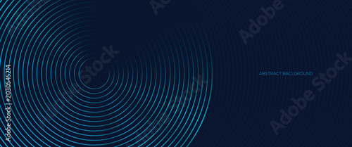 Abstract circular blue line pattern on dark background with glowing light effect and corporate design style.