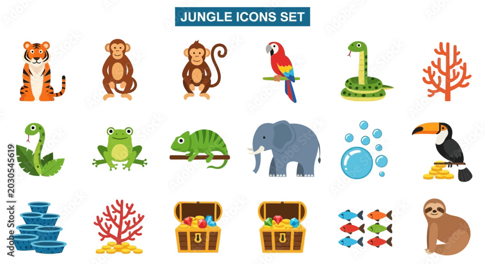 Fototapeta premium A grid of 18 vectorstyle junglethemed icons showing animals plants treasure chests and miscellaneous nature elements
