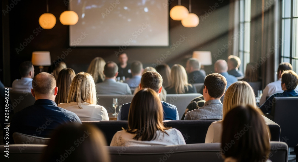 Obraz premium A diverse group of adults attentively listening during a seminar in a stylish, modern lounge space.