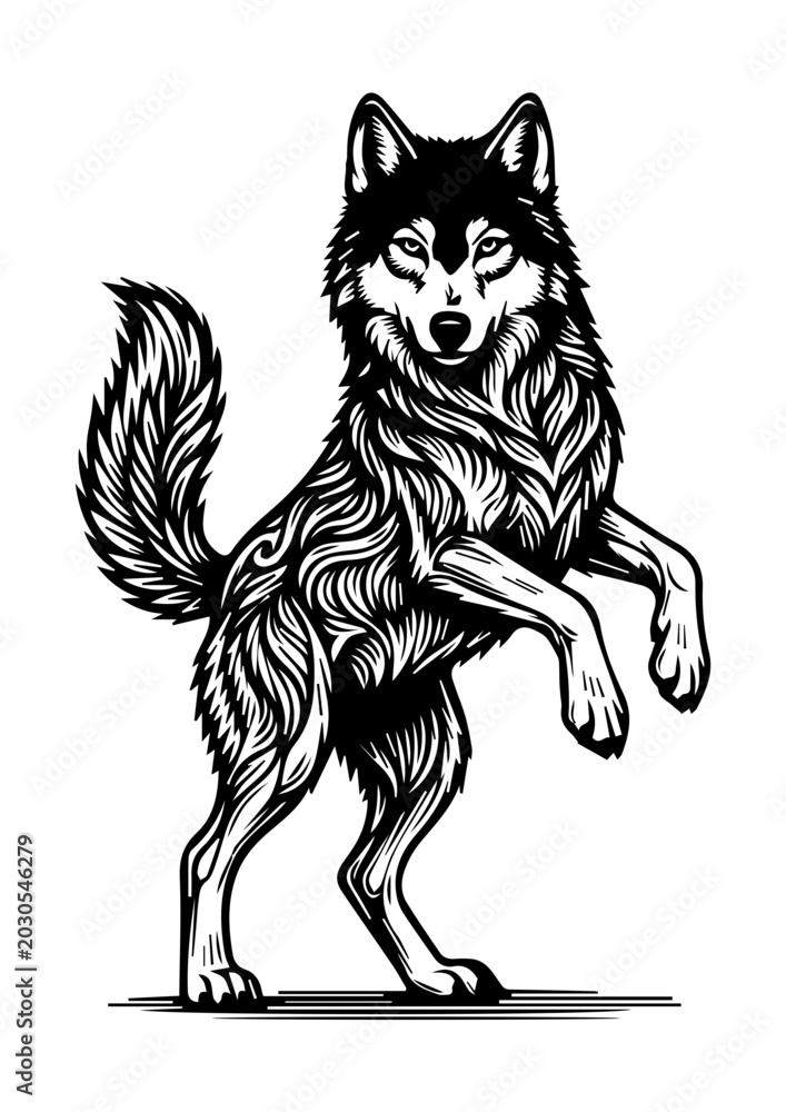 Obraz premium Majestic Standing Wolf Vector Illustration, Black and White Alpha Wolf Mascot Logo and Silhouette Design for Tattoo and T-Shirt Print