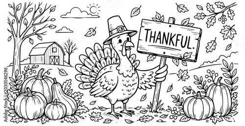 Cute Thanksgiving Turkey with Thankful Sign Coloring Page for Kids and Adults, Autumn Harvest Background with Pumpkins and Barn Vector Illustration