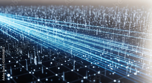 Abstract digital landscape with blue light beams illuminating a grid, symbolizing data flow and technology.