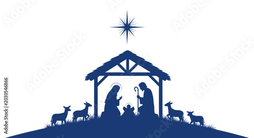 Foto Nativity Scene Silhouette: Jesus, Mary, Joseph, Stable, Sheep, Star