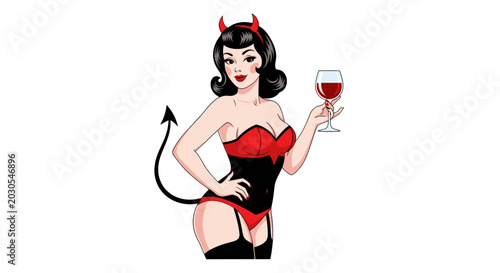 Tableau sur toile Retro Devil Woman with Wine Glass - Pin-up Style Illustration