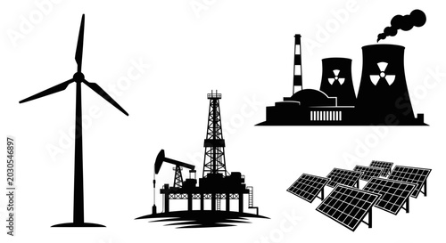 Fotografía Renewable and Fossil Fuel Energy Sources Icons: Wind Turbine, Oil Rig, Nuclear P