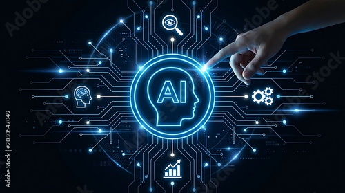 Human finger interacting with AI head symbol in digital network artificial intelligence machine learning technology connection