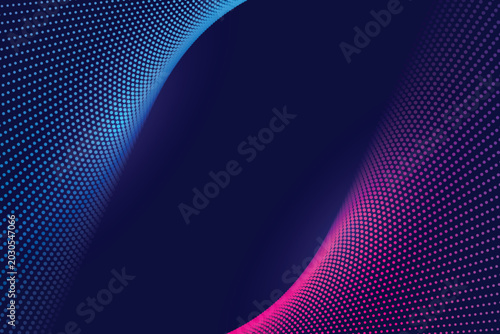 Abstract wave background with blue and pink digital glowing dots on dark background for technology concepts.