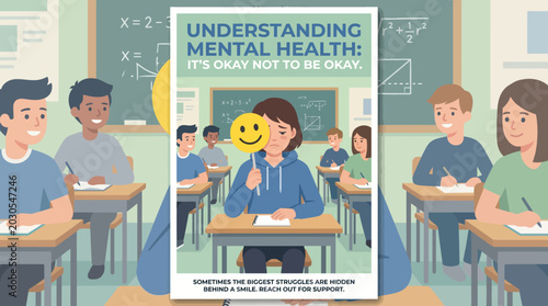 Classroom Scene with Mental Health Awareness Poster Encouraging Openness and Support for Students Facing Hidden Struggles and Emotional Challenges