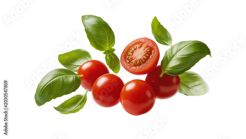 Tableau sur toile Fresh red cherry tomatoes and basil leaves, isolated on transparent background