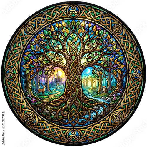 Tree of Life Forest Landscape Stained Glass Mandala Illustration