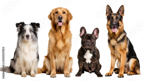 Foto Four diverse dog breeds sitting attentively, isolated on transparent background