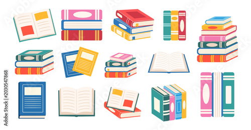 Obraz na plátne Illustration shows colorful books, some open, some stacked