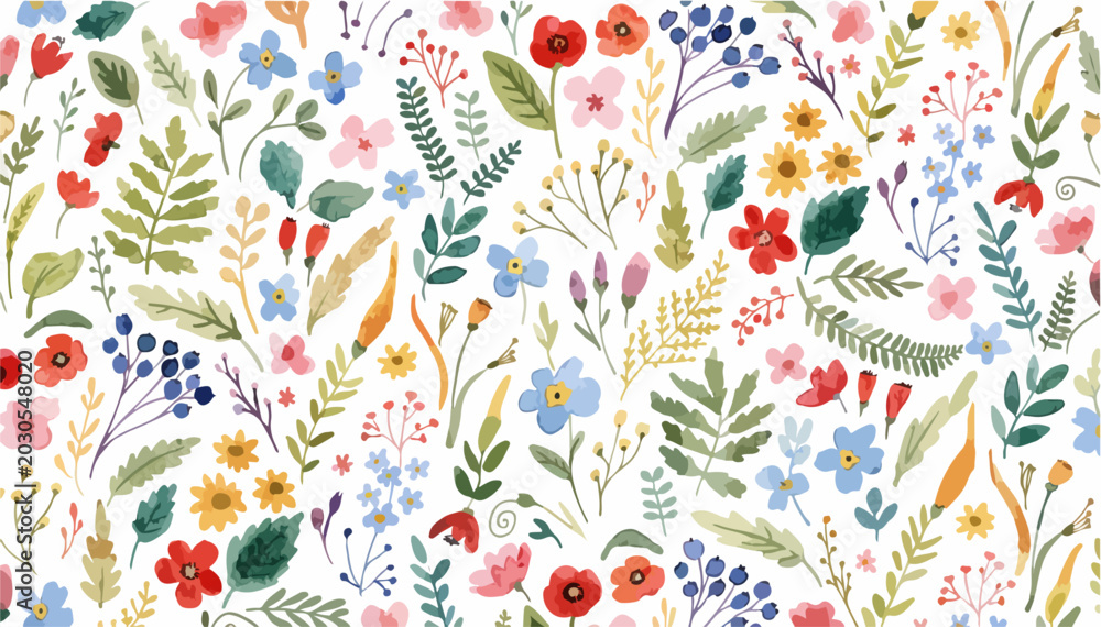Naklejka premium Romantic botanical blooms arranged in watercolor pattern format