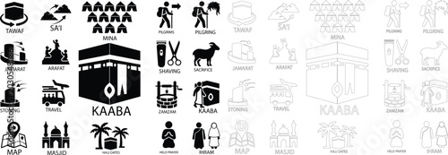 Slika na platnu Black flat and line style Hajj pilgrimage vector icon set, collection and group