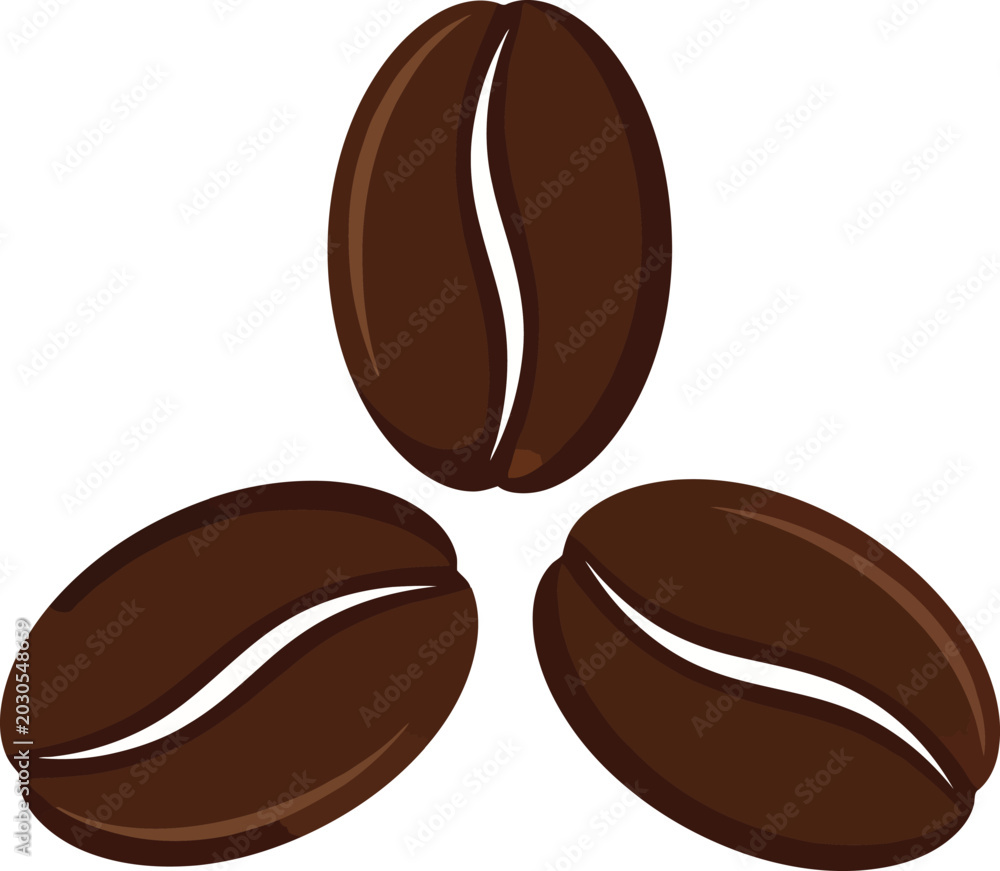 Fototapeta premium Three stylized brown coffee beans arranged in a triangular formation on a white background, dark brown