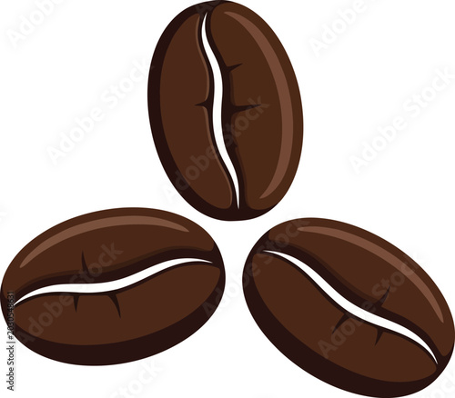 Fotografija Three dark brown coffee beans with white split, arranged in a triangular formati