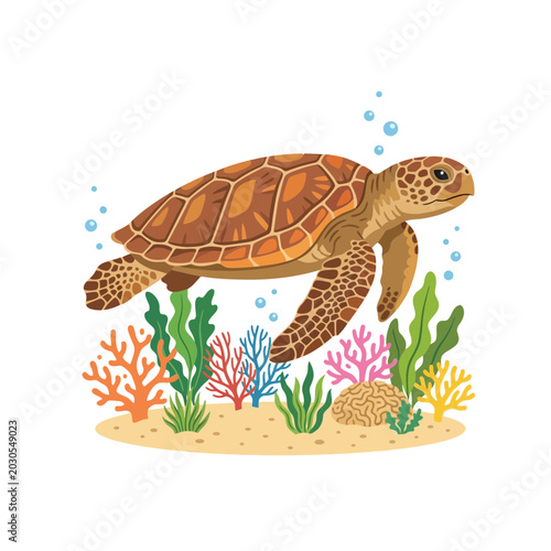 Sea turtle swimming underwater with coral reef and bubbles