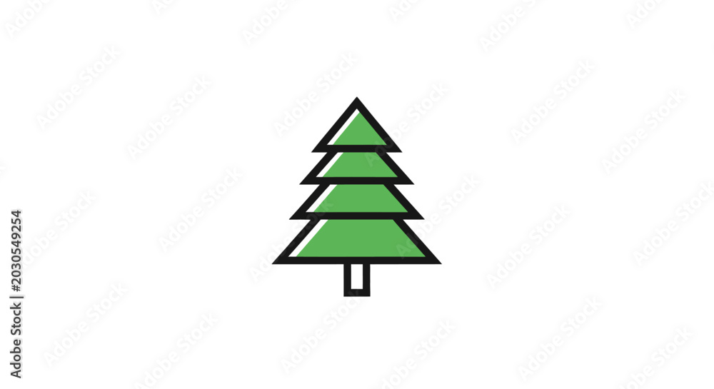 Obraz premium A simplified illustration of a green, stylized evergreen tree with a black outline against a white background
