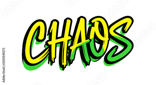 Fotografia Chaos word art, vibrant graffiti style, yellow and green
