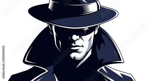 Photos Mysterious Detective in Fedora Hat and Trench Coat, Shadowed Face