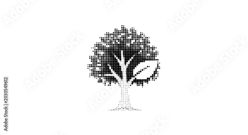 A stylized tree with leaves rendered in a halftone dot pattern, set against a stark white backdrop