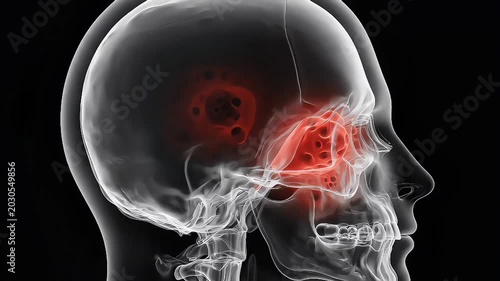 3D medical render of human intestines with glowing green tumor mass