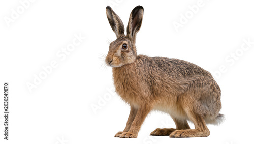 Cuadro en lienzo Brown hare with long ears fur texture and alert eyes, isolated on transparent ba