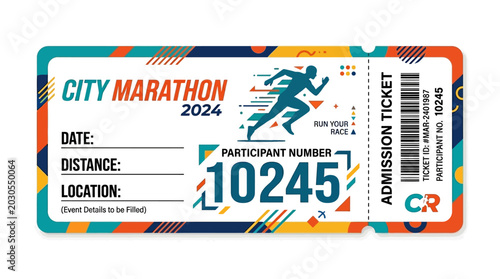 Photos City Marathon 2024 participant ticket illustration with runner graphic and abstr