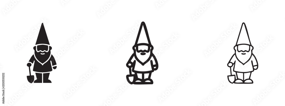 Fototapeta premium Garden gnome with a shovel icon set. Fantasy creature, dwarf or gardening mascot symbol.