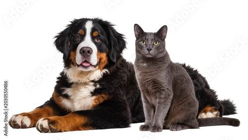 Photos Bernese Mountain Dog and grey cat sitting together, isolated on transparent back
