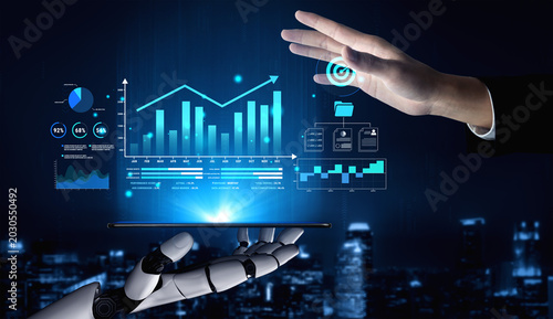 Foto Futuristic Interaction Between Robot Arm and Human Hand with Digital Data Visualization in a Business Setting at Night Haptic