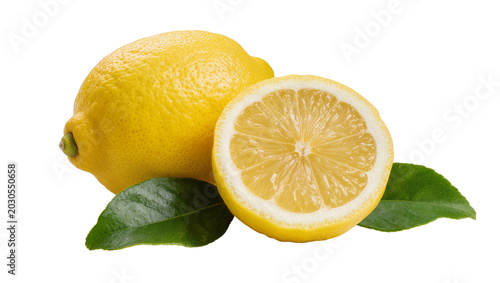 Fotografía Whole and halved yellow lemons with green leaves, isolated on transparent backgr