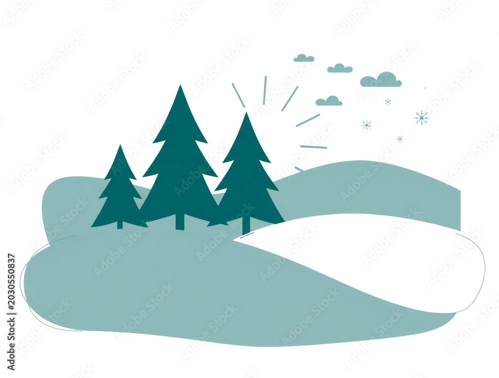 Fototapeta premium Stylized winter landscape with evergreen trees and sun
