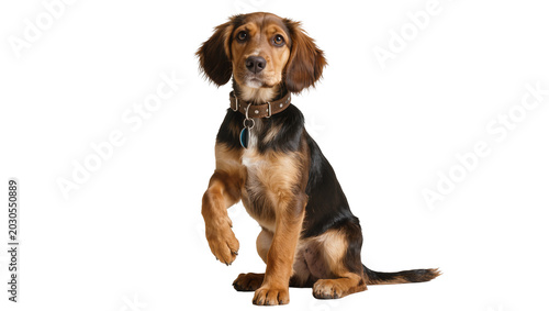 Tableau sur toile Brown and black dog with collar raising paw, isolated on transparent background