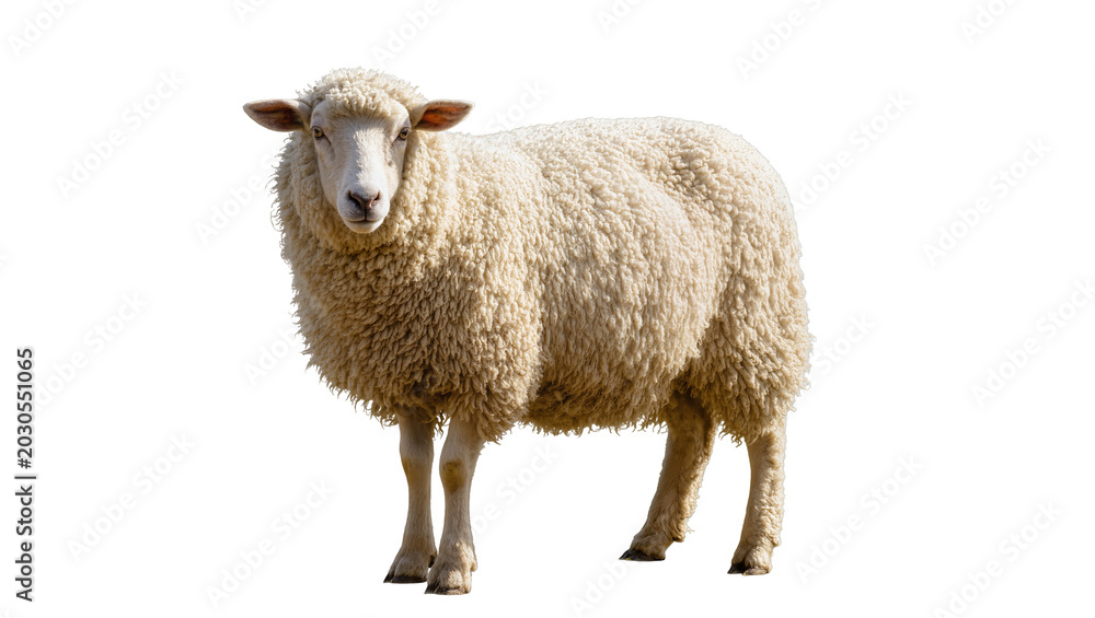 Fototapeta premium Fluffy white sheep with thick woolly fleece, isolated on transparent background
