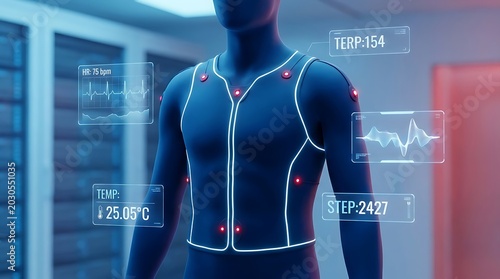 Humanoid torso wearing smart vest with real-time physiological data displayed holographically, illustrates advanced wearable