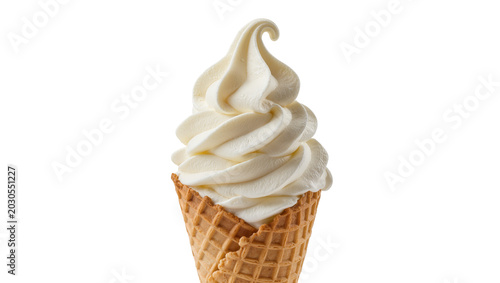 Foto Creamy vanilla soft serve ice cream swirl in a crunchy waffle cone, isolated on