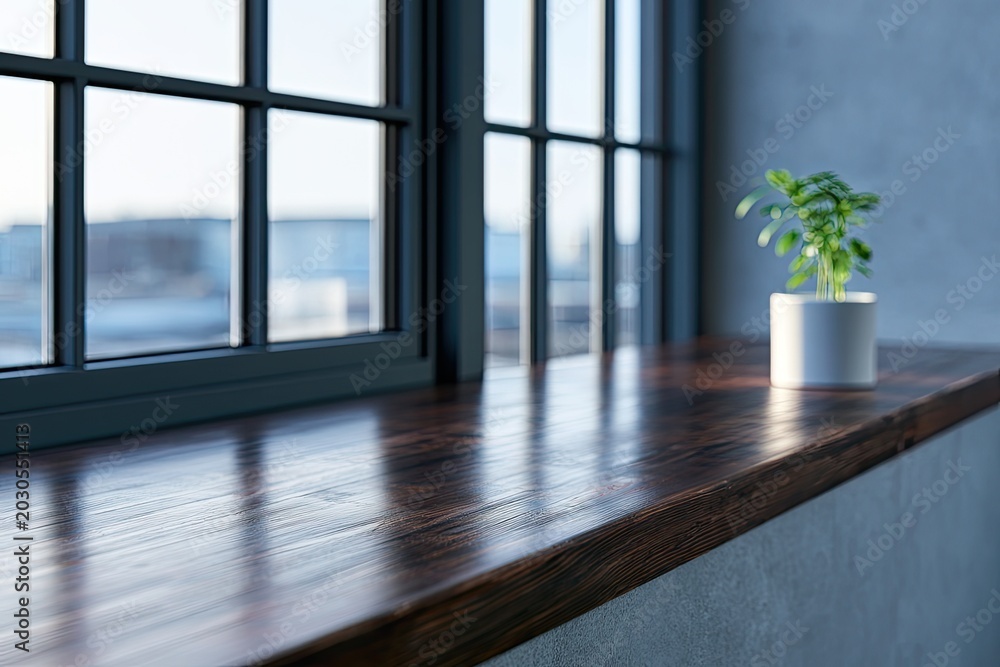 Fototapeta premium Sunlit window sill with dark wood and a small green plant in a white pot