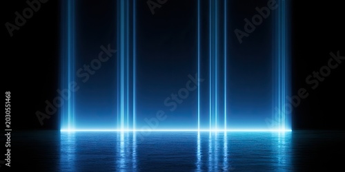 Futuristic glowing blue beams rise from a wet, reflective floor