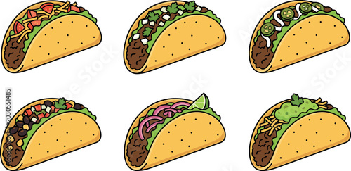 Foto Traditional Mexican Beef Taco Vector Set with Guacamole, Jalapenos, Lime, and Ci
