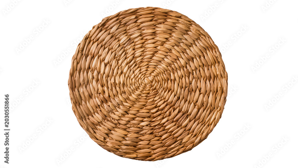 Fototapeta premium Round woven straw placemat with natural texture, isolated on transparent background